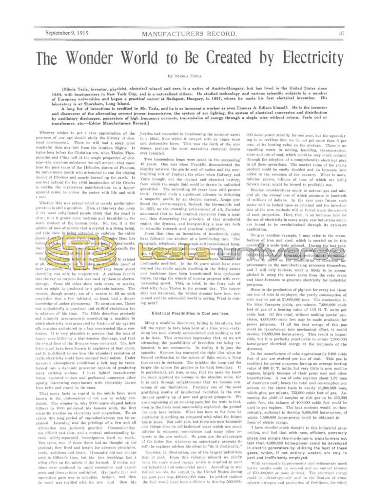 Preview of The Wonder World to be Created by Electricity article