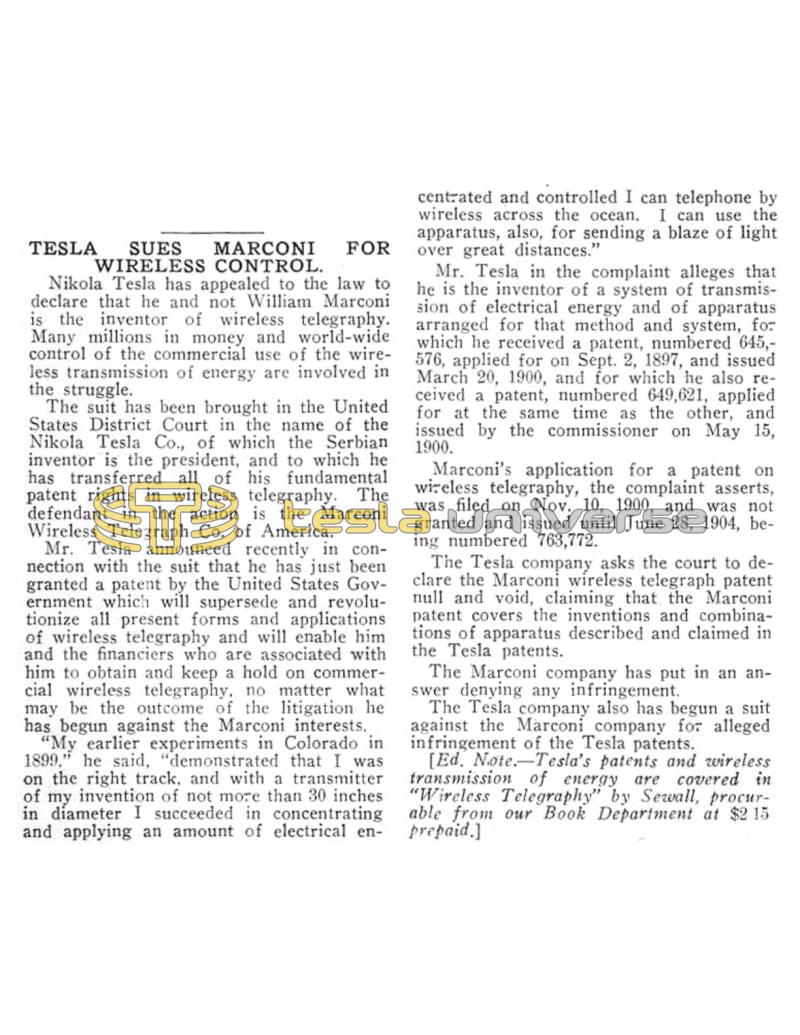 Preview of Tesla Sues Marconi for Wireless Control article