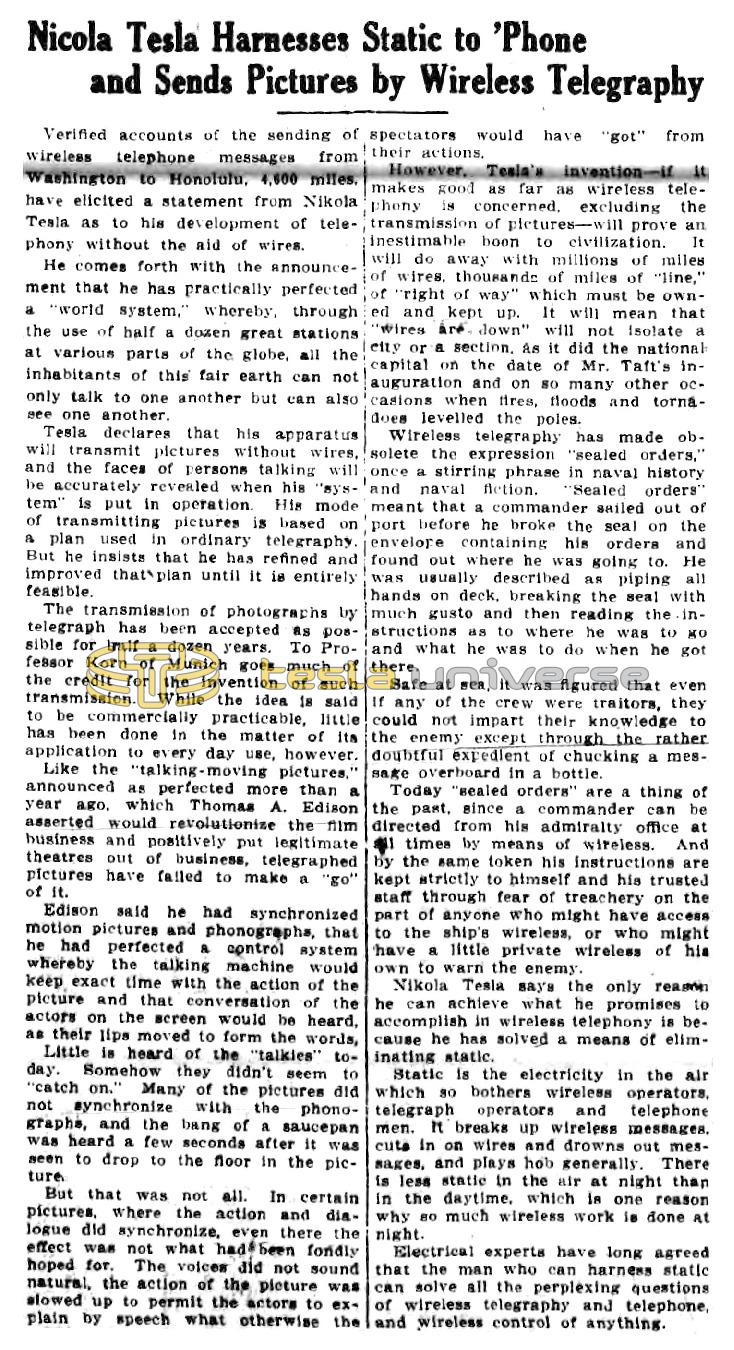 Preview of Nikola Tesla Harnesses Static to 'Phone and Sends Pictures by Wireless Telegraphy article