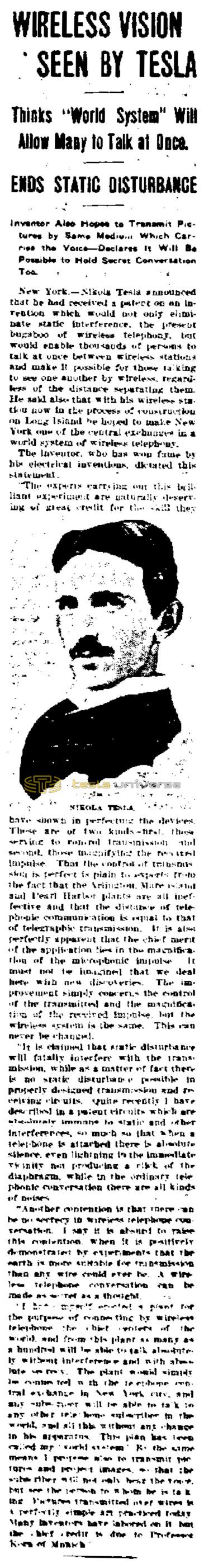 Preview of Wireless Vision Seen by Tesla (reprint 2) article