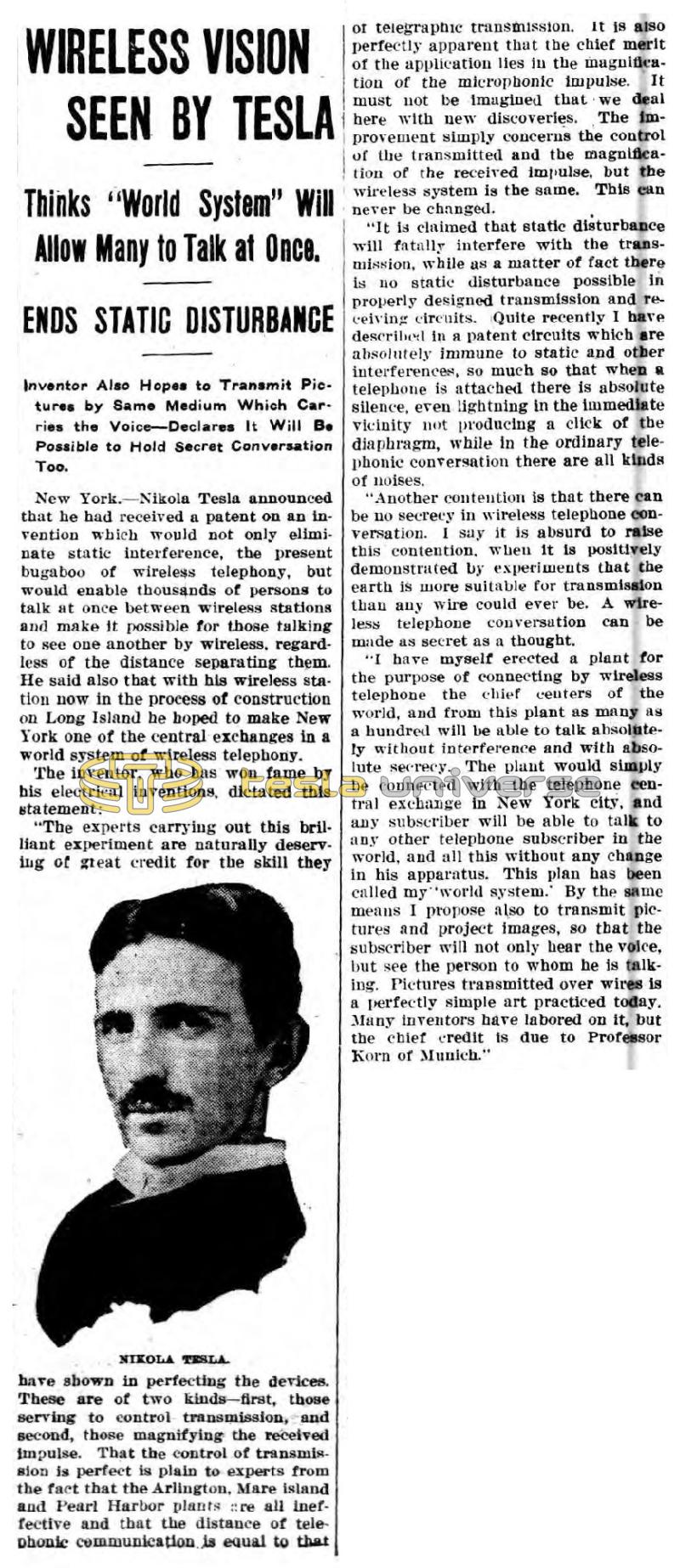Preview of Wireless Vision Seen by Tesla (reprint) article