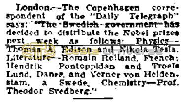 Preview of Edison and Tesla To Get Nobel Prizes (reprint) article