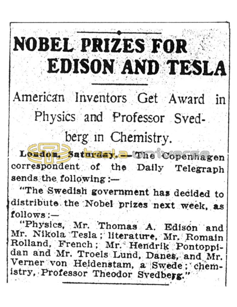 Preview of Nobel Prizes for Edison and Tesla article