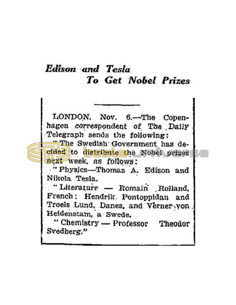 Preview of Edison and Tesla To Get Nobel Prizes article