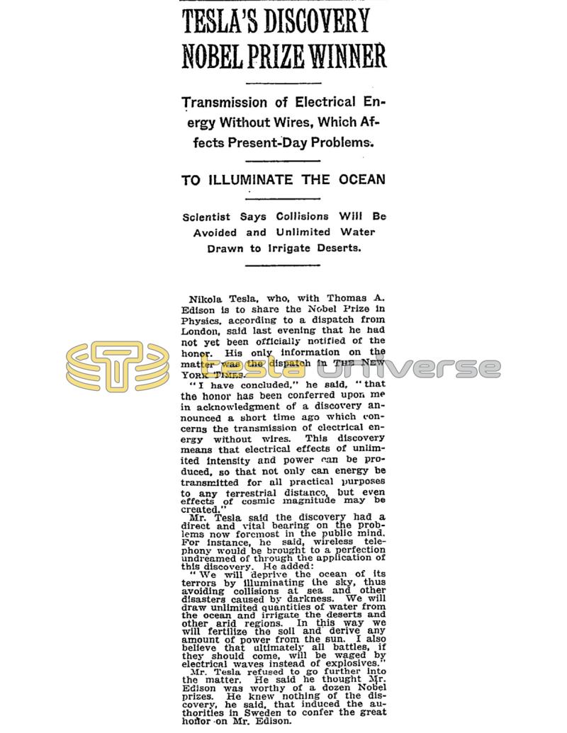 Preview of Tesla's Discovery Nobel Prize Winner article