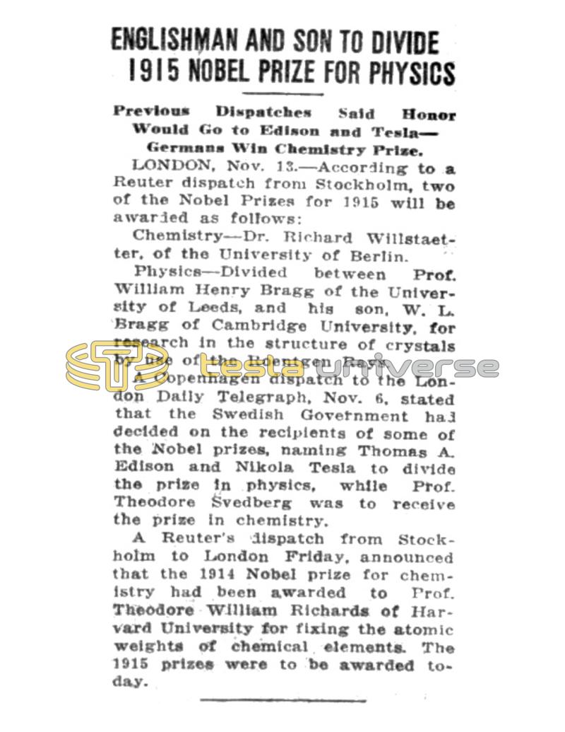 Preview of Englishman and Son to Divide 1915 Nobel Prize for Physics article