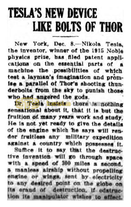 Preview of Tesla's New Device Like Bolts of Thor (condensed reprint) article