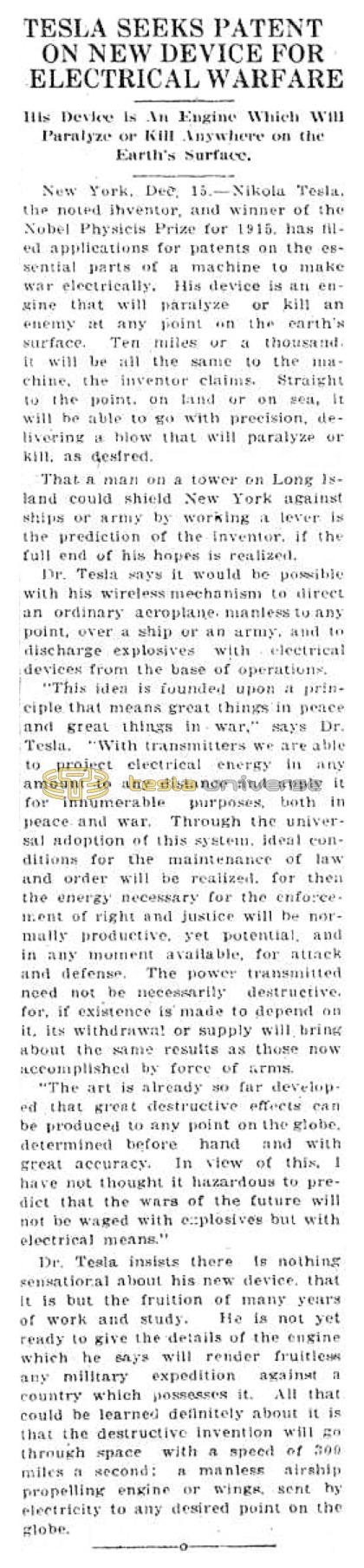 Preview of Tesla Seeks Patent for New Device for Electrical Warfare article