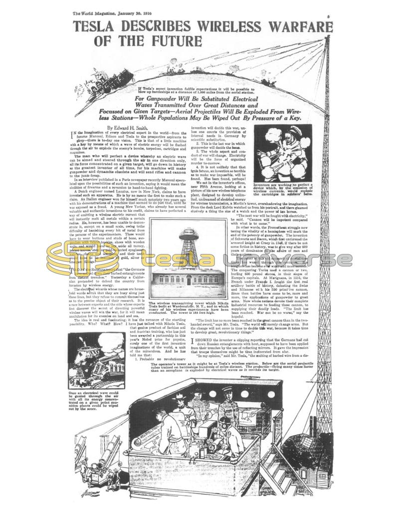 Preview of Tesla Describes Wireless Warfare of the Future article