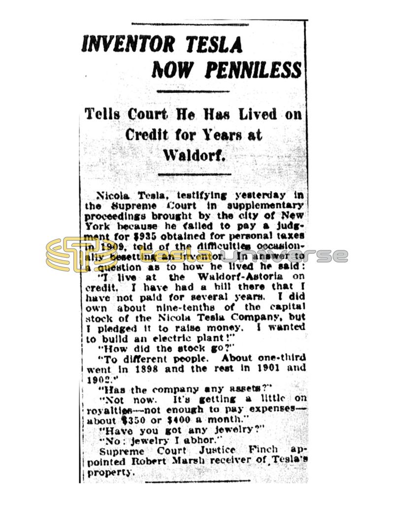 Preview of Inventor Tesla Now Penniless article