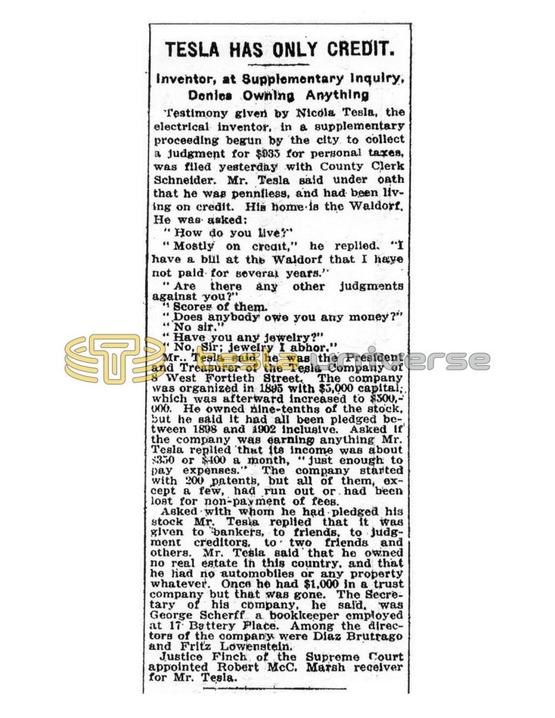 Preview of Tesla Has Only Credit - Inventor, at Supplementary Inquiry, Denies Owning Anything article