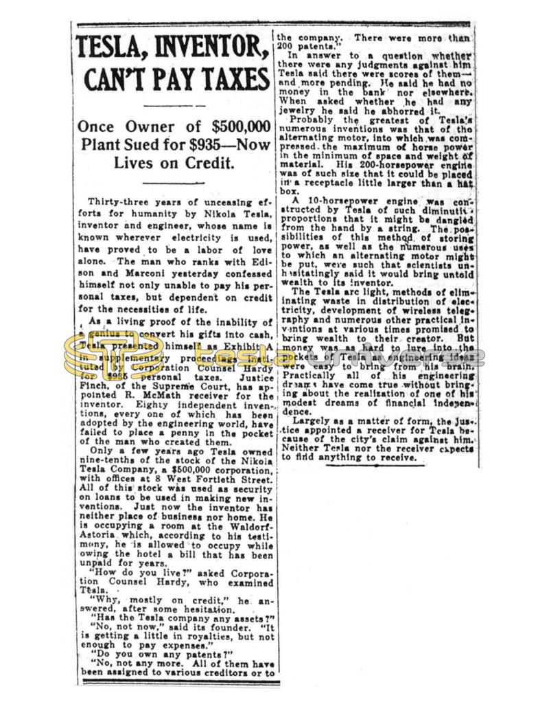 Preview of Tesla, Inventor, Can't Pay Taxes article