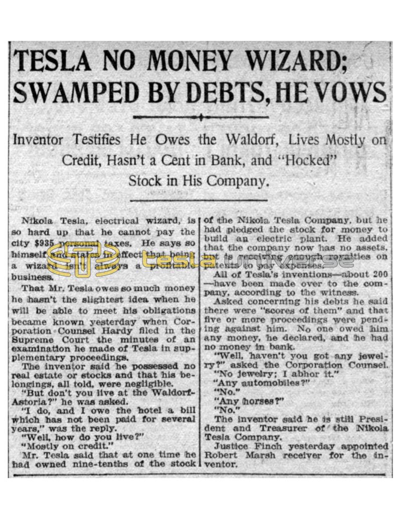 Preview of Tesla No Money Wizard; Swamped by Debts, He Vows article