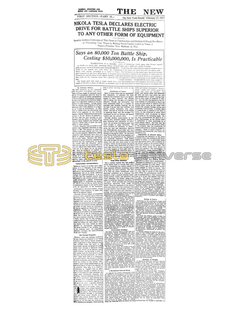 Preview of Nikola Tesla Declares Electric Drive for Battle Ships Superior to Any Other Form of Equipment article
