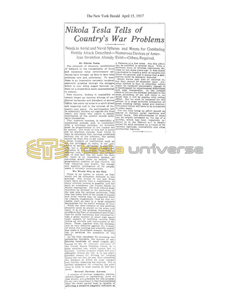 Preview of Nikola Tesla Tells of Country's War Problems article