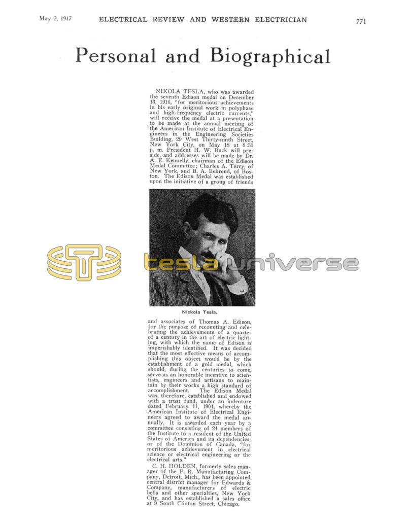 Preview of Personal and Biographical - Nikola Tesla and the Edison Medal article