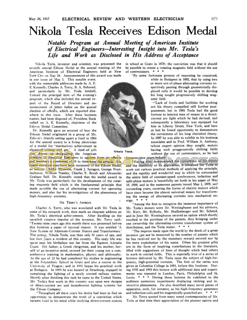 Preview of Nikola Tesla Receives Edison Medal article