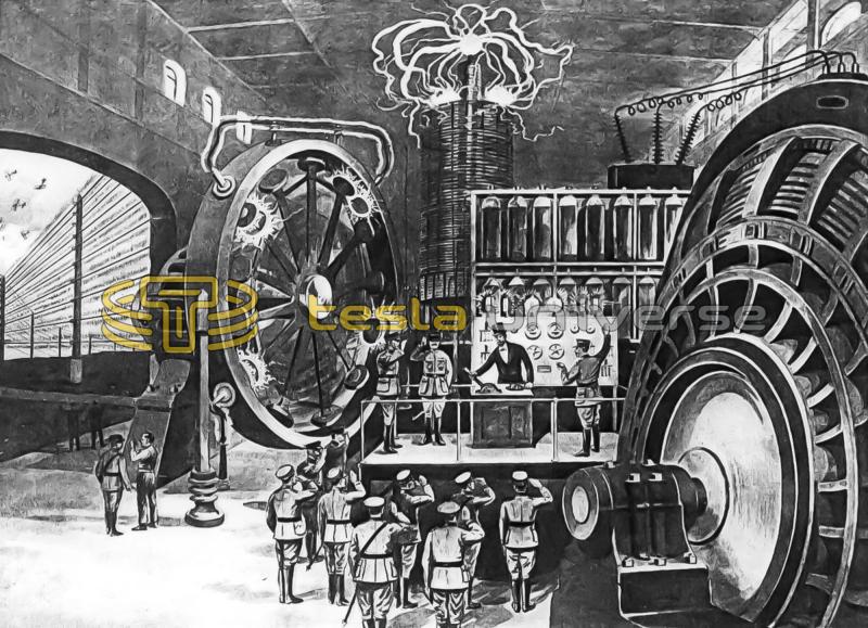 Illustration of a Large Power Plant and Tesla Coil