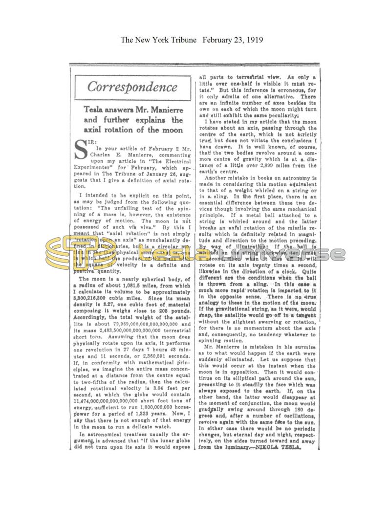 Preview of Tesla Answers Mr. Manierre and Further Explains the Axial Rotation of the Moon article