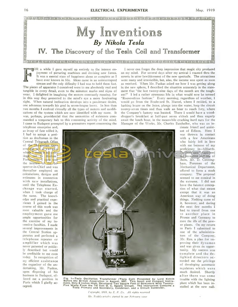 Preview of My Inventions IV - The Discovery of the Tesla Coil and Transformer article