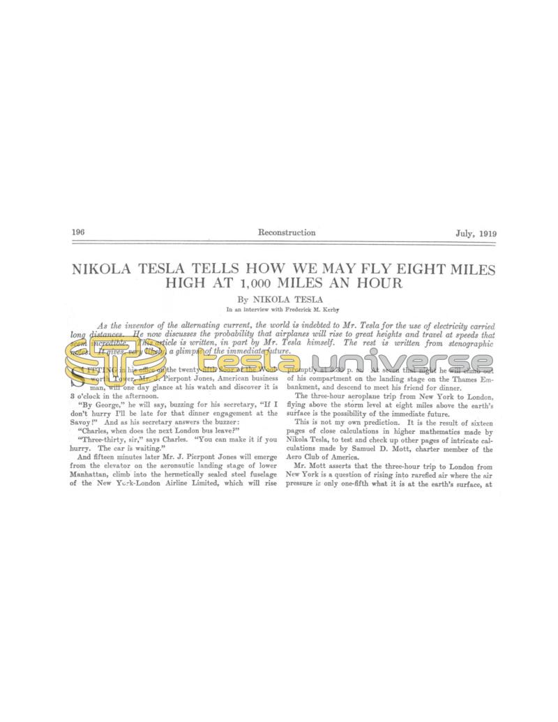 Preview of Nikola Tesla Tells How We May Fly Eight Miles High at 1,000 Miles an Hour article