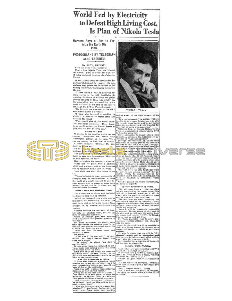 Preview of World Fed by Electricity to Defeat High Living Cost, Is Plan of Nikola Tesla article