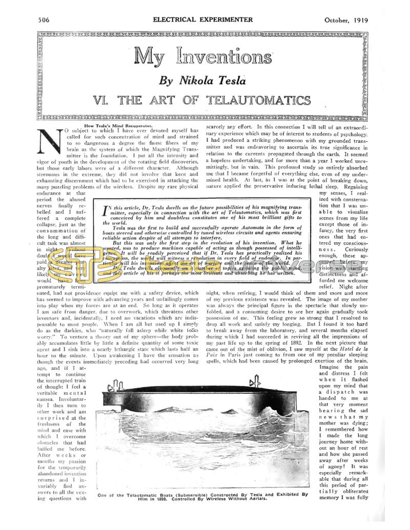 Preview of My Inventions VI - The Art of Telautomatics article