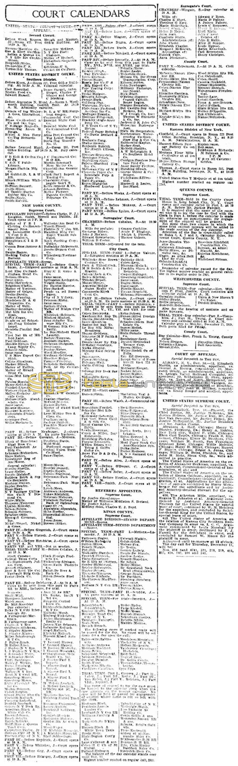 Preview of New York Supreme Court Calendar (Dec. 11, 1919) article