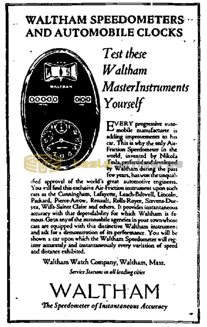 Preview of Advertisement for Waltham Speedometer, Patented by Nikola Tesla article