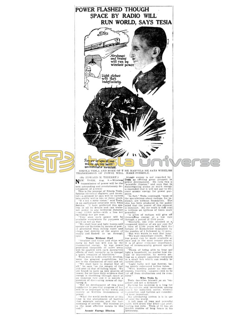 Preview of Power Flashed Through Space by Radio Will Run World, Says Tesla article