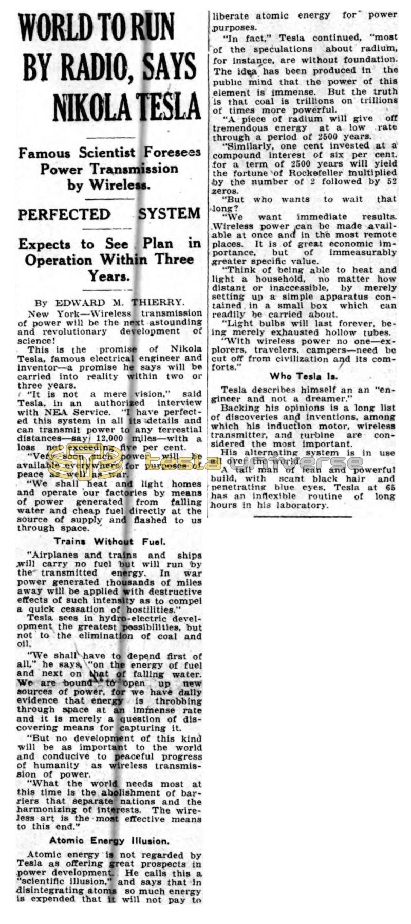 Preview of World to Run By Radio, Says Nikola Tesla article
