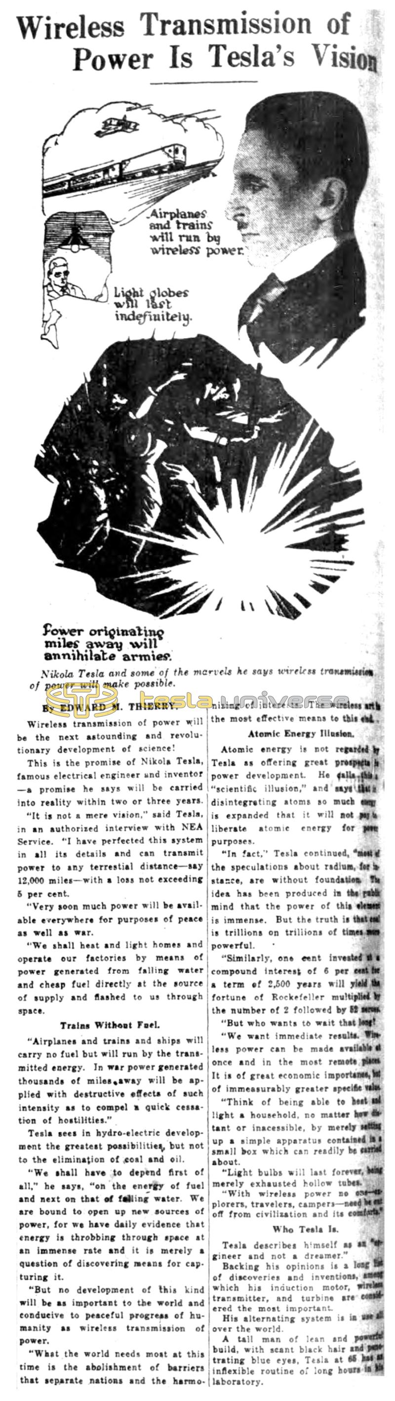 Preview of Wireless Transmission of Power Is Tesla's Vision article
