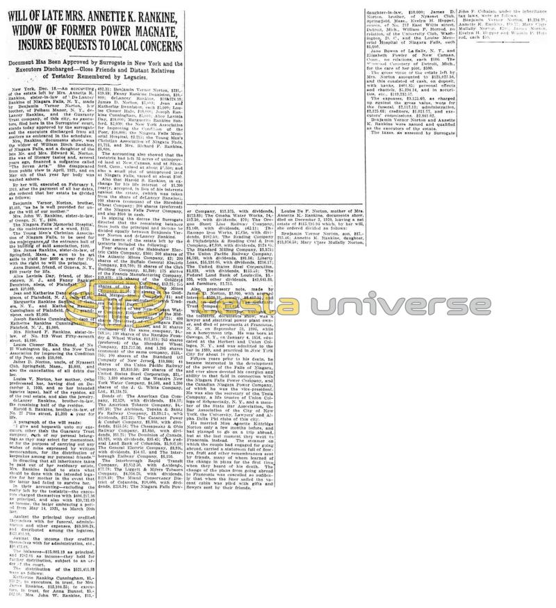 Preview of Will of Late Mrs. Annette K. Rankine, Widow of Former Power Magnate Insures Bequests to Local Concerns article