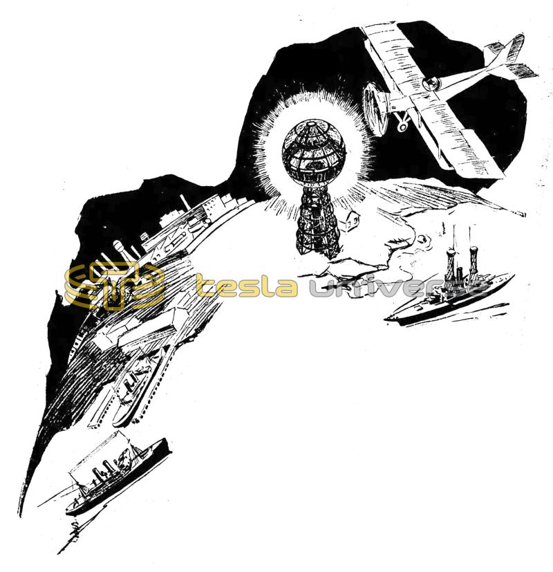 Illustration of Tesla's tower transmitting power to ships and planes