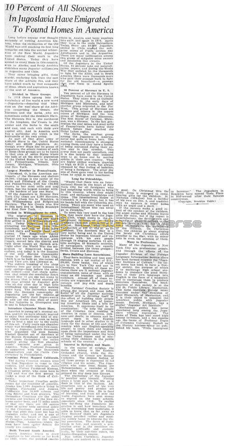 Preview of 10 Percent of All Slovenes in Yugoslavia Have Emigrated to Found Homes in America article