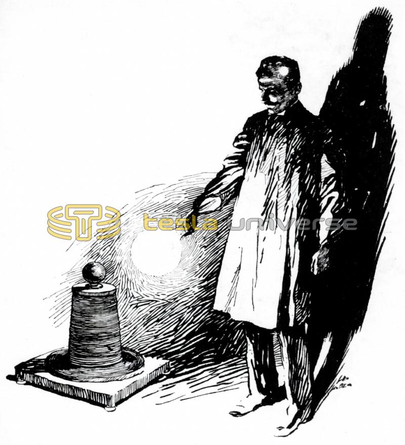 Drawing of Nikola Tesla Holding Bulb Near Tesla Coil