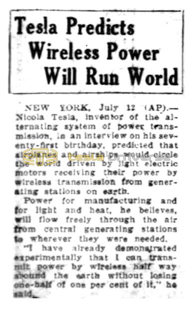 Preview of Tesla Predicts Wireless Power Will Run World article