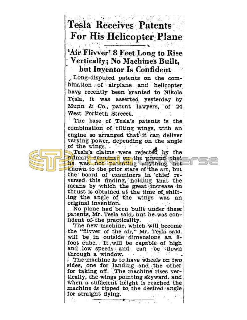 Preview of Tesla Receives Patents For His Helicopter Plane article