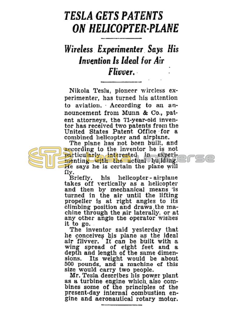 Preview of Tesla Gets Patent on Helicopter-Plane article