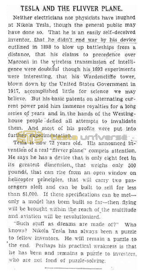 Preview of Tesla and the Flivver Plane article