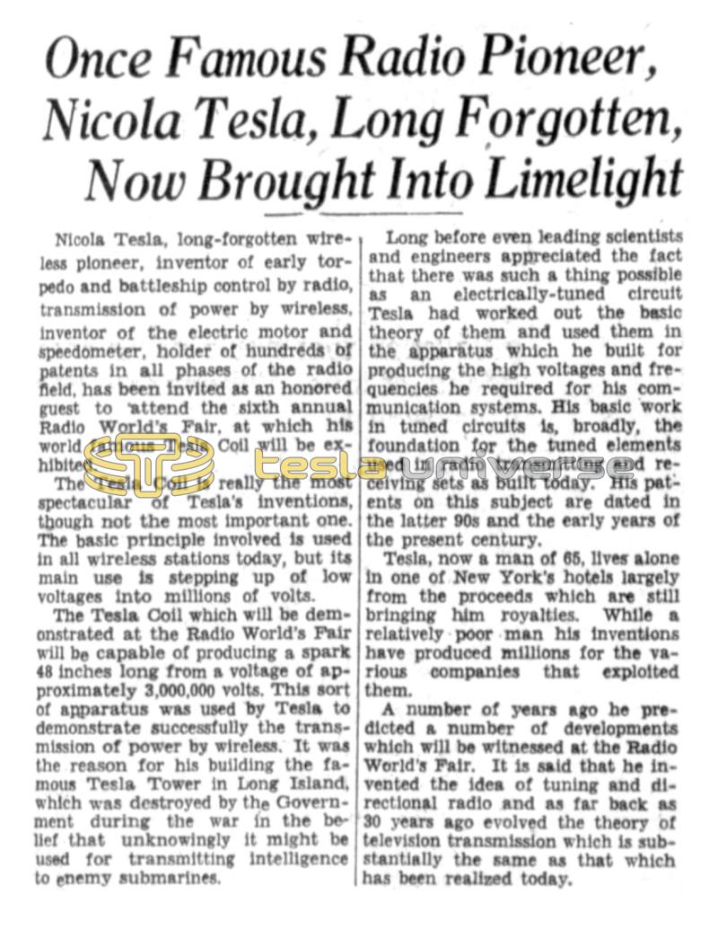 Preview of Once Famous Radio Pioneer, Nikola Tesla, Long Forgotten, Now Brought Into Limelight article
