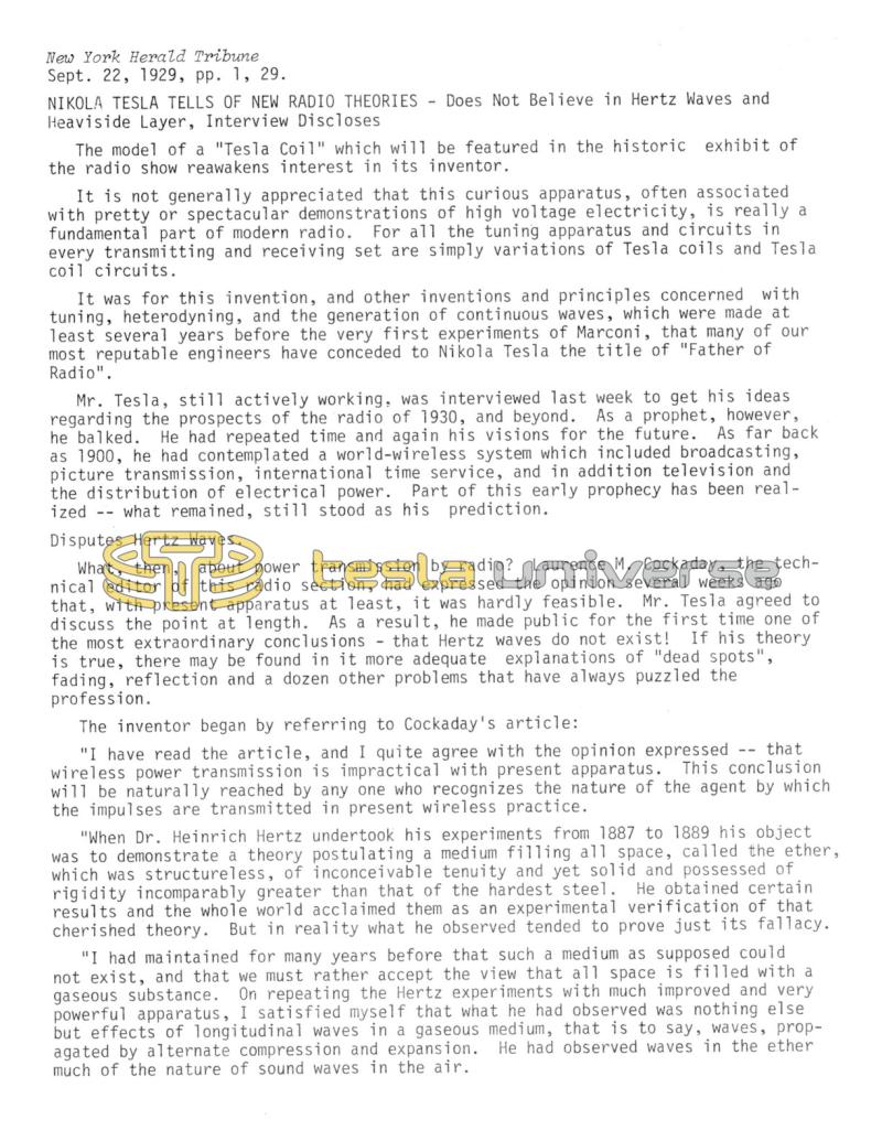 Preview of Nikola Tesla Tells of New Radio Theories article