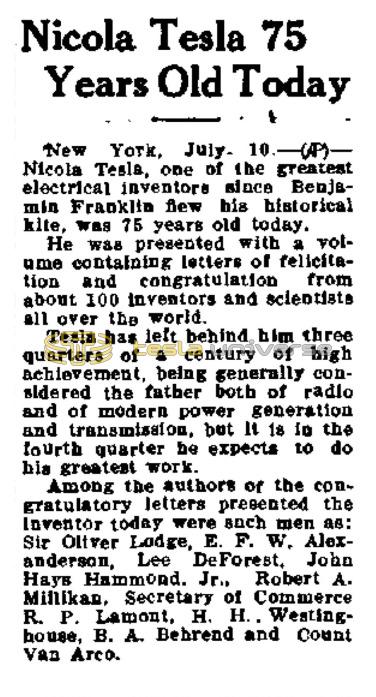Preview of Nikola Tesla 75 Years Old Today article