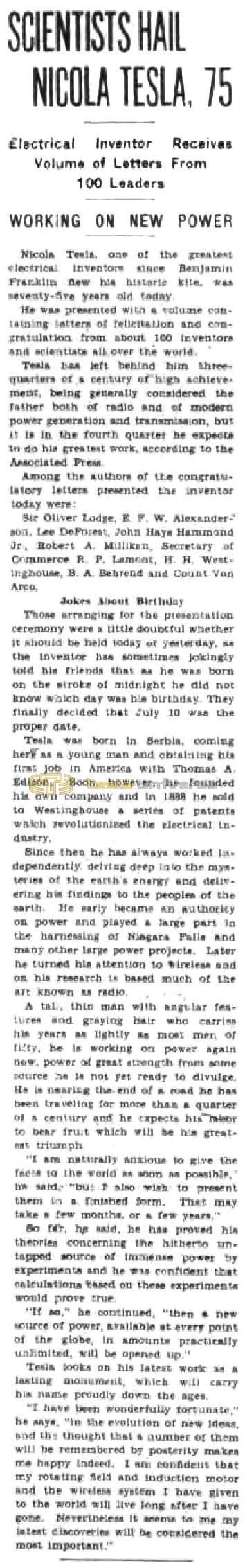 Preview of Scientists Hail Nikola Tesla, 75 article