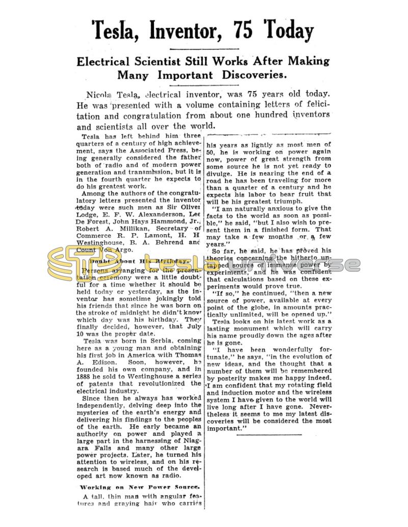 Preview of Tesla, Inventor, 75 Today article