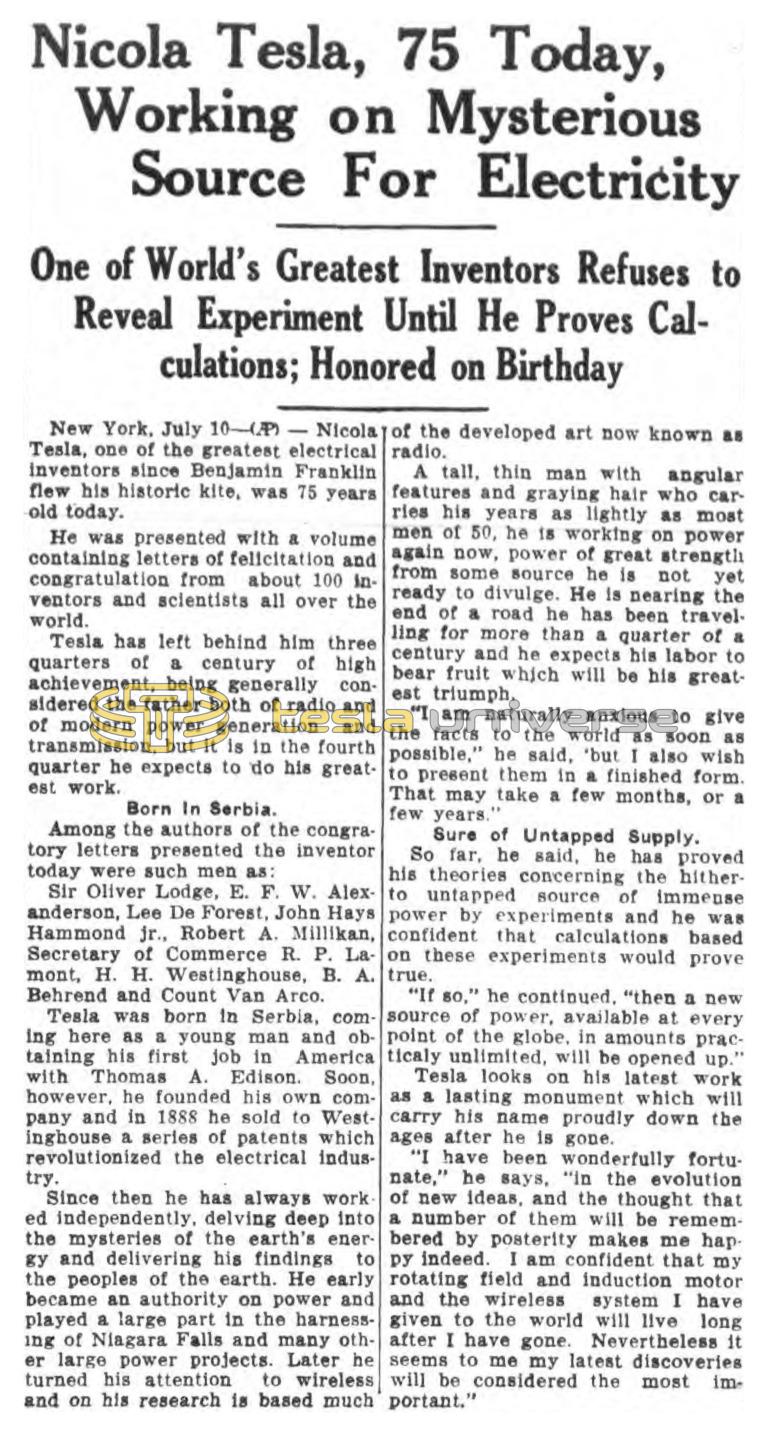Preview of Nikola Tesla, 75 Today, Working on Mysterious Source For Electricity article