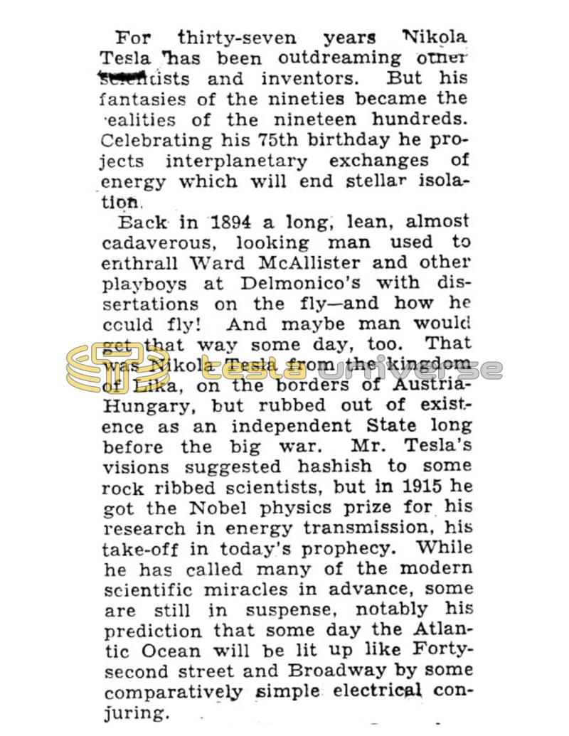 Preview of Tesla Celebrates His 75th Birthday article