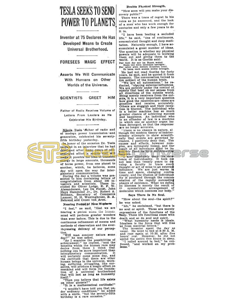 Preview of Tesla Seeks To Send Power To Planets. article