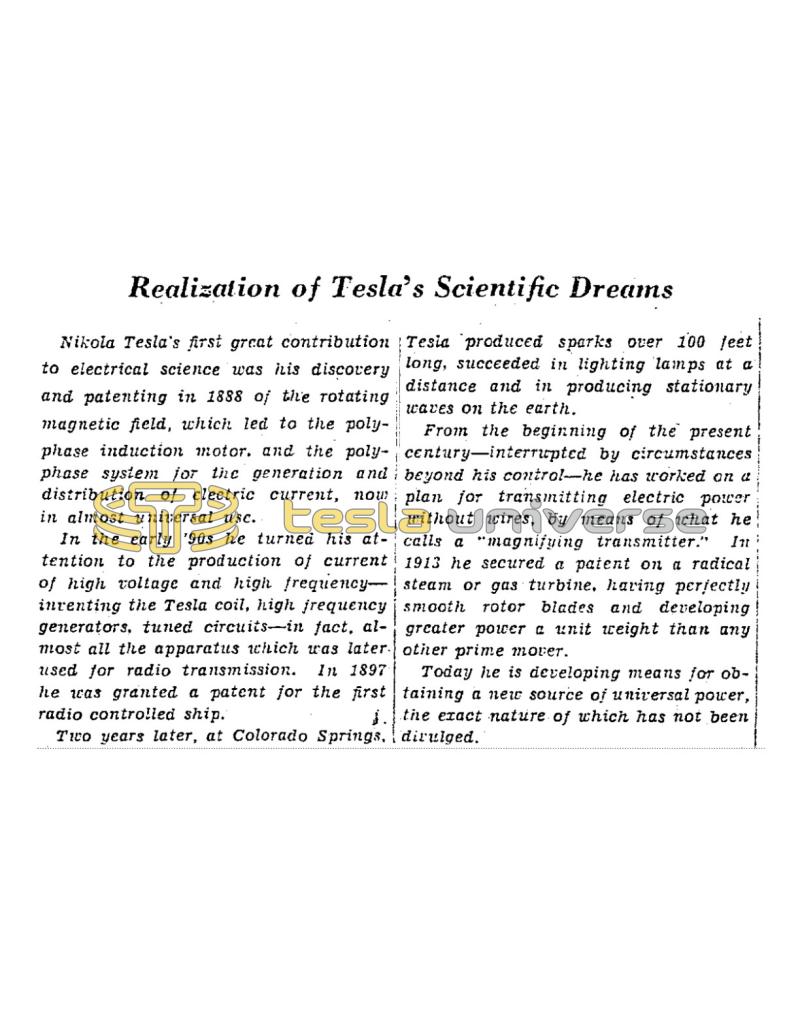 Preview of Realization of Tesla's Scientific Dreams article
