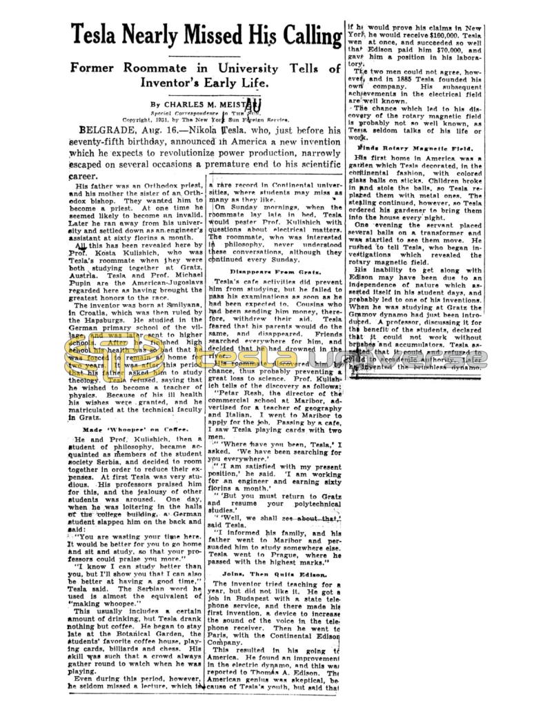 Preview of Tesla Nearly Missed His Calling article